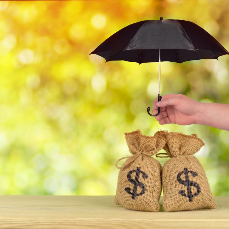 A hand protect Group of US dollar bag concept of protection risk development, wealth management and long term monetary investments.