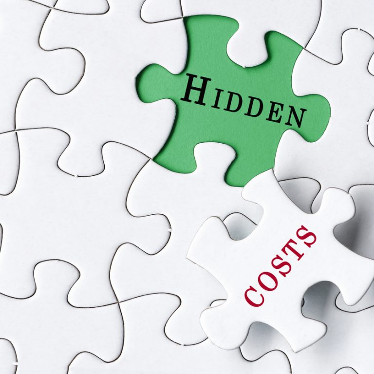 White jigsaw puzzle with word hidden costs over green background. Costing concept.