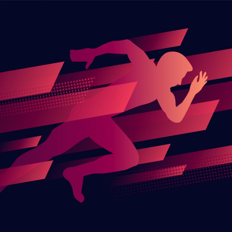 dynamic composition, running man illustration silhouette in speed geometric shapes, red on dark sport poster