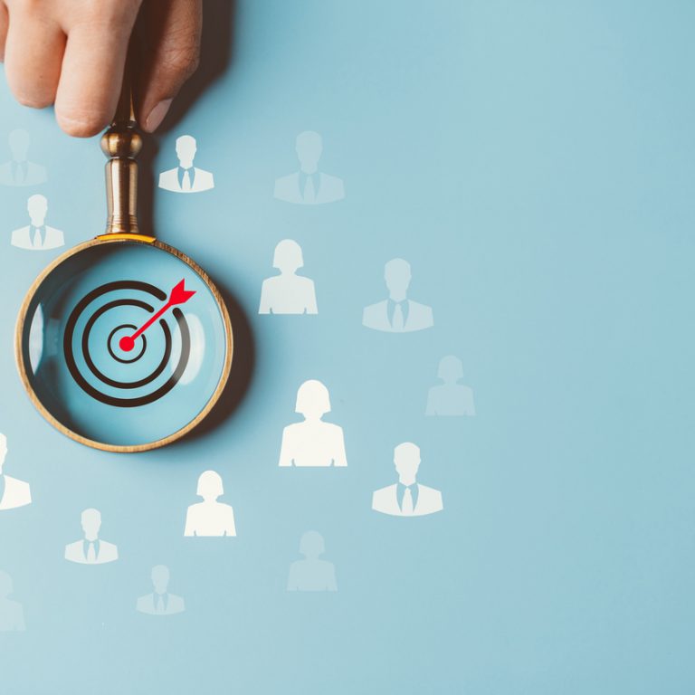 HRM or Human Resource Management, Magnifier glass focus to manager business icon which is among staff icons for human development recruitment leadership and customer target group concept.