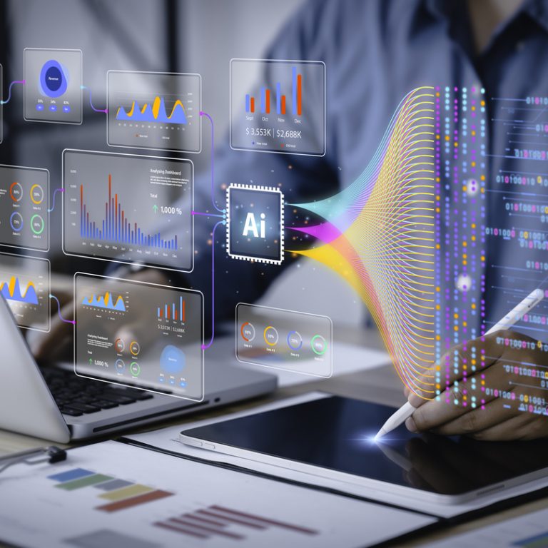 Data analysis science and big data with AI technology. Analyst or Scientist uses a computer and dashboard for analysis of information on complex data sets on computer. Insights development engineer