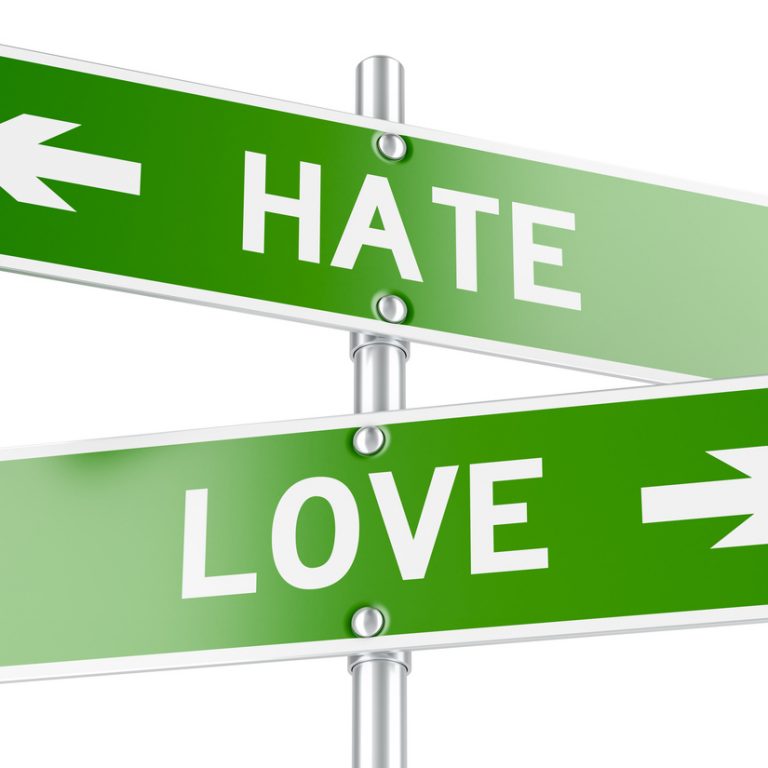 Love and Hate crossroads sign. 3D rendering isolated on white background